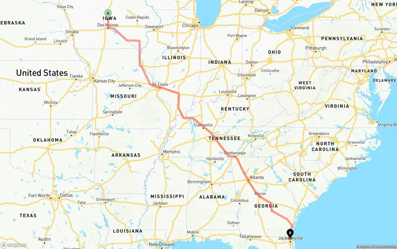 Shipping route from Iowa to Jacksonville International Airport