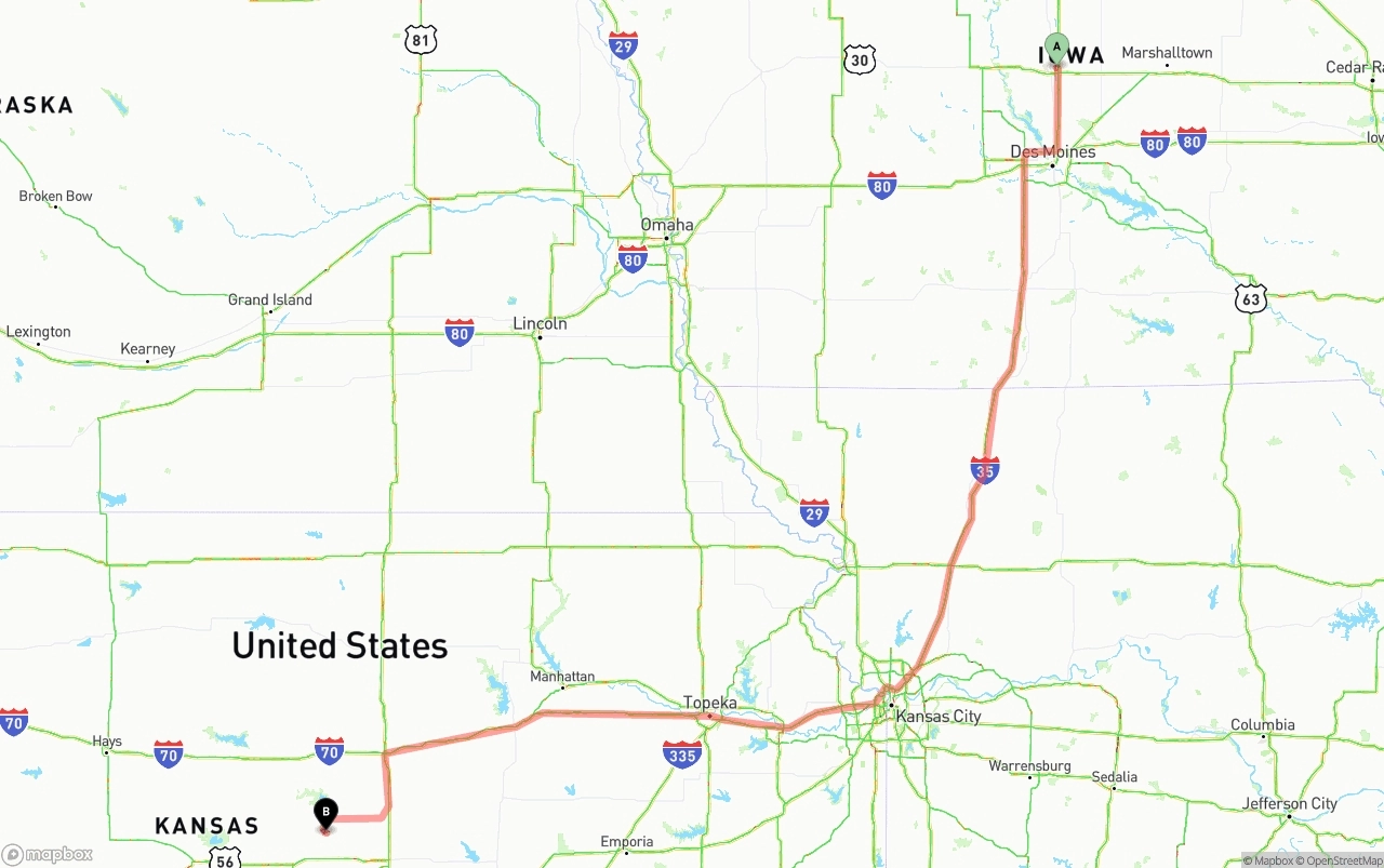 Shipping route from Iowa to Kansas