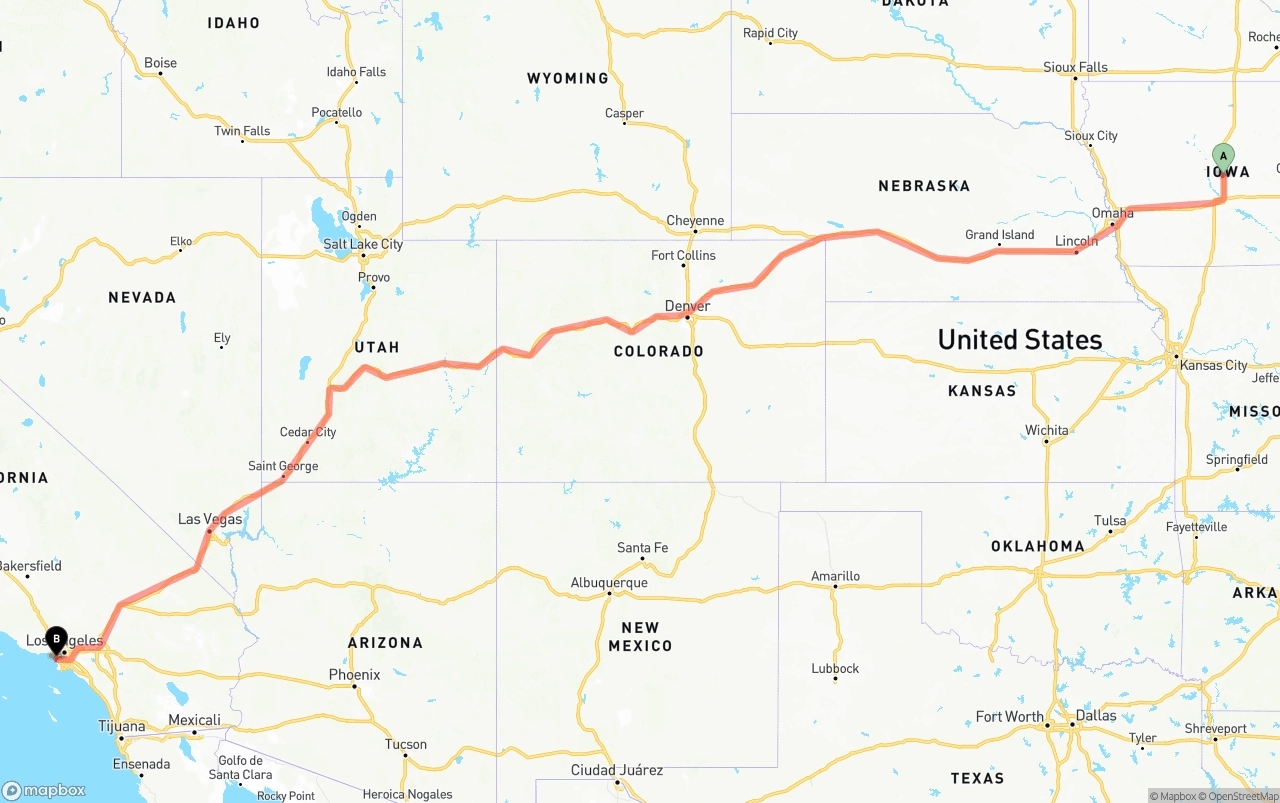 Shipping route from Iowa to Los Angeles International Airport