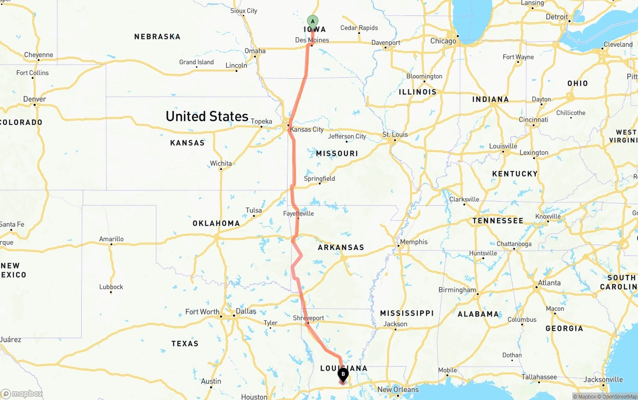 Shipping route from Iowa to Louisiana