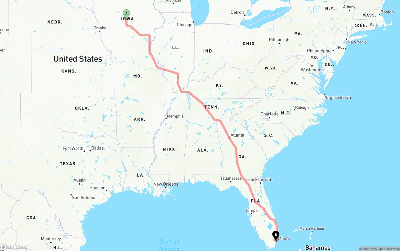 Shipping route from Iowa to Miami International Airport