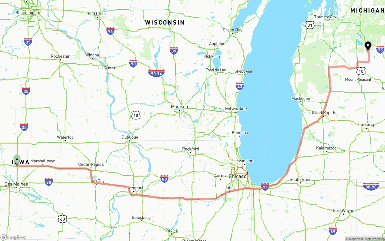 Shipping route from Iowa to Michigan