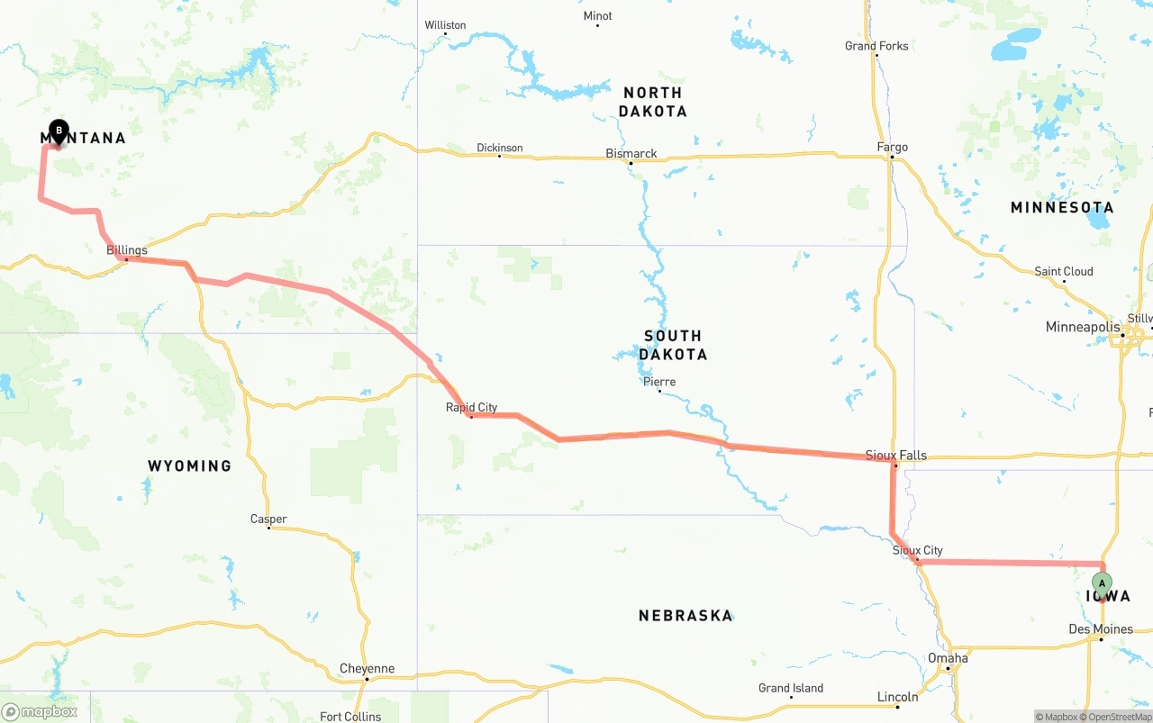 Shipping route from Iowa to Montana
