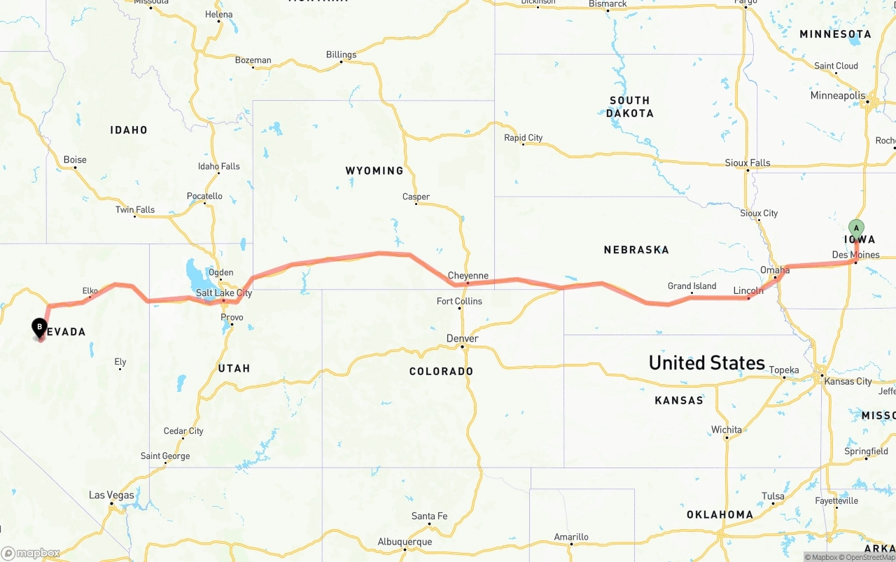 Shipping route from Iowa to Nevada