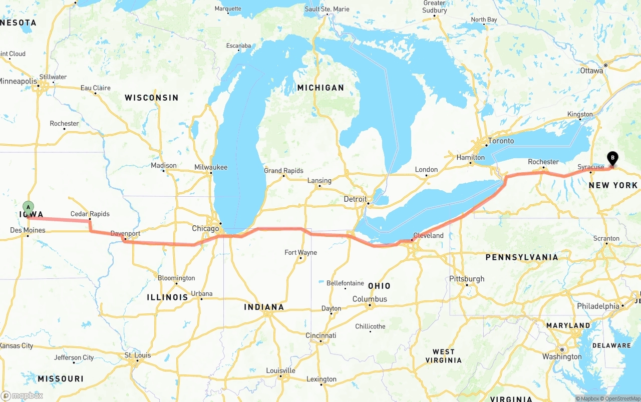 Shipping route from Iowa to New York