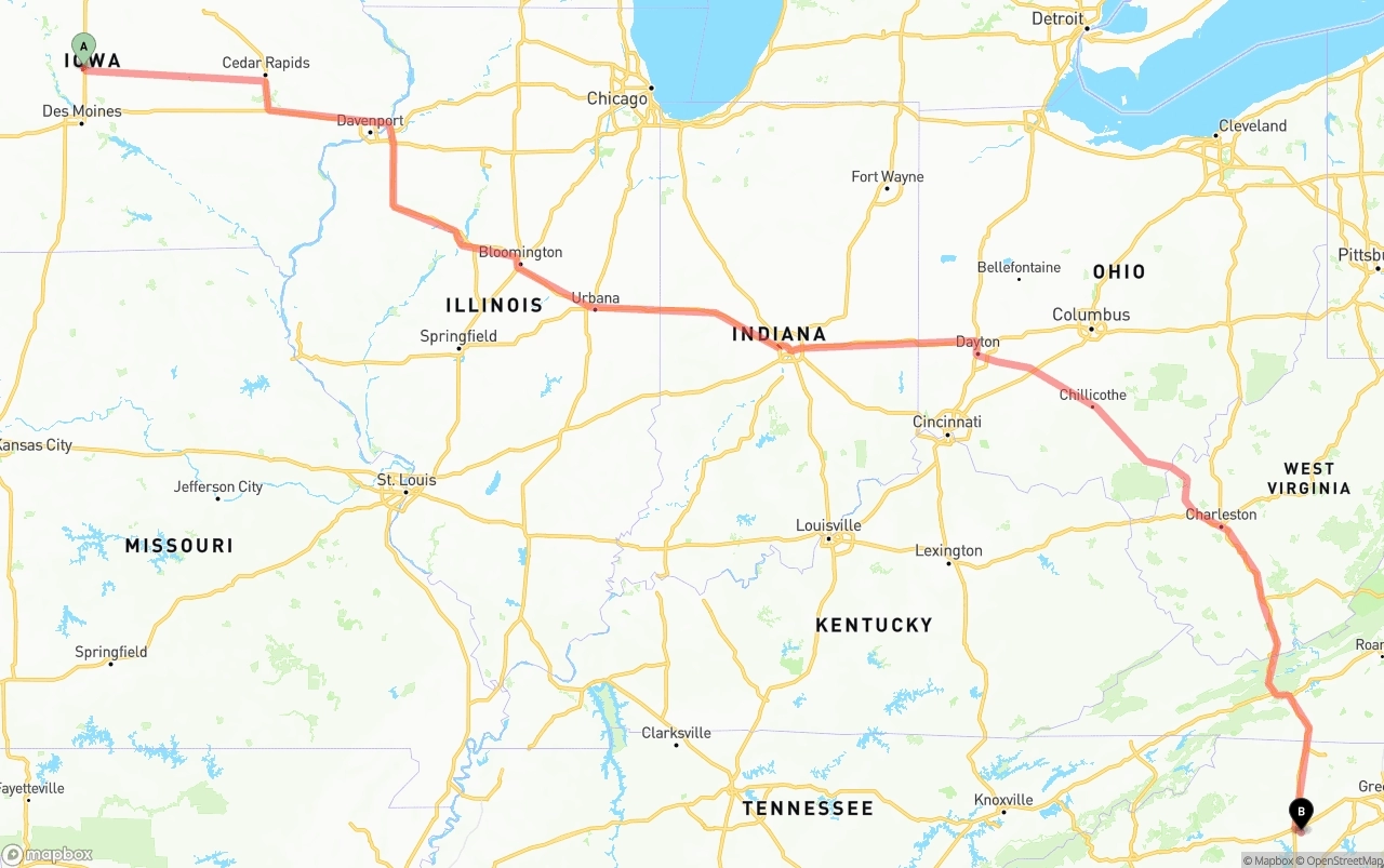 Shipping route from Iowa to North Carolina