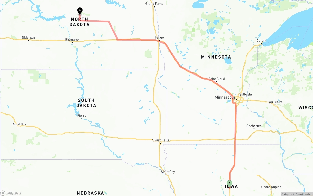 Shipping route from Iowa to North Dakota