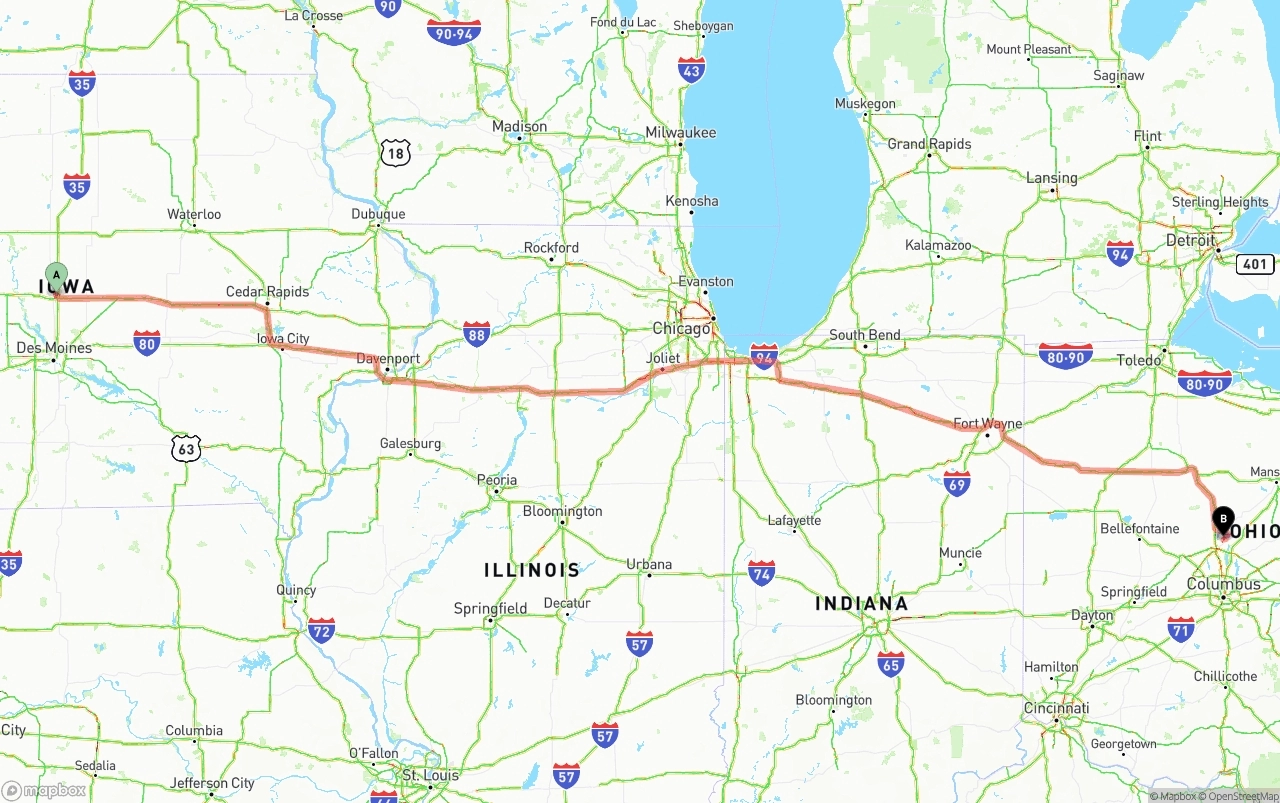 Shipping route from Iowa to Ohio