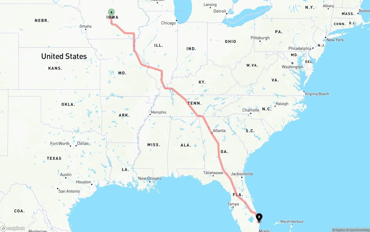 Shipping route from Iowa to Palm Beach International Airport