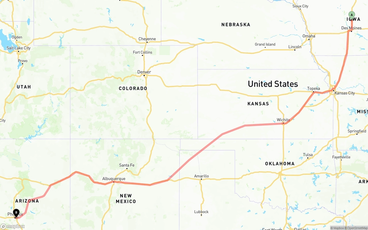 Shipping route from Iowa to Phoenix Sky Harbor International Airport