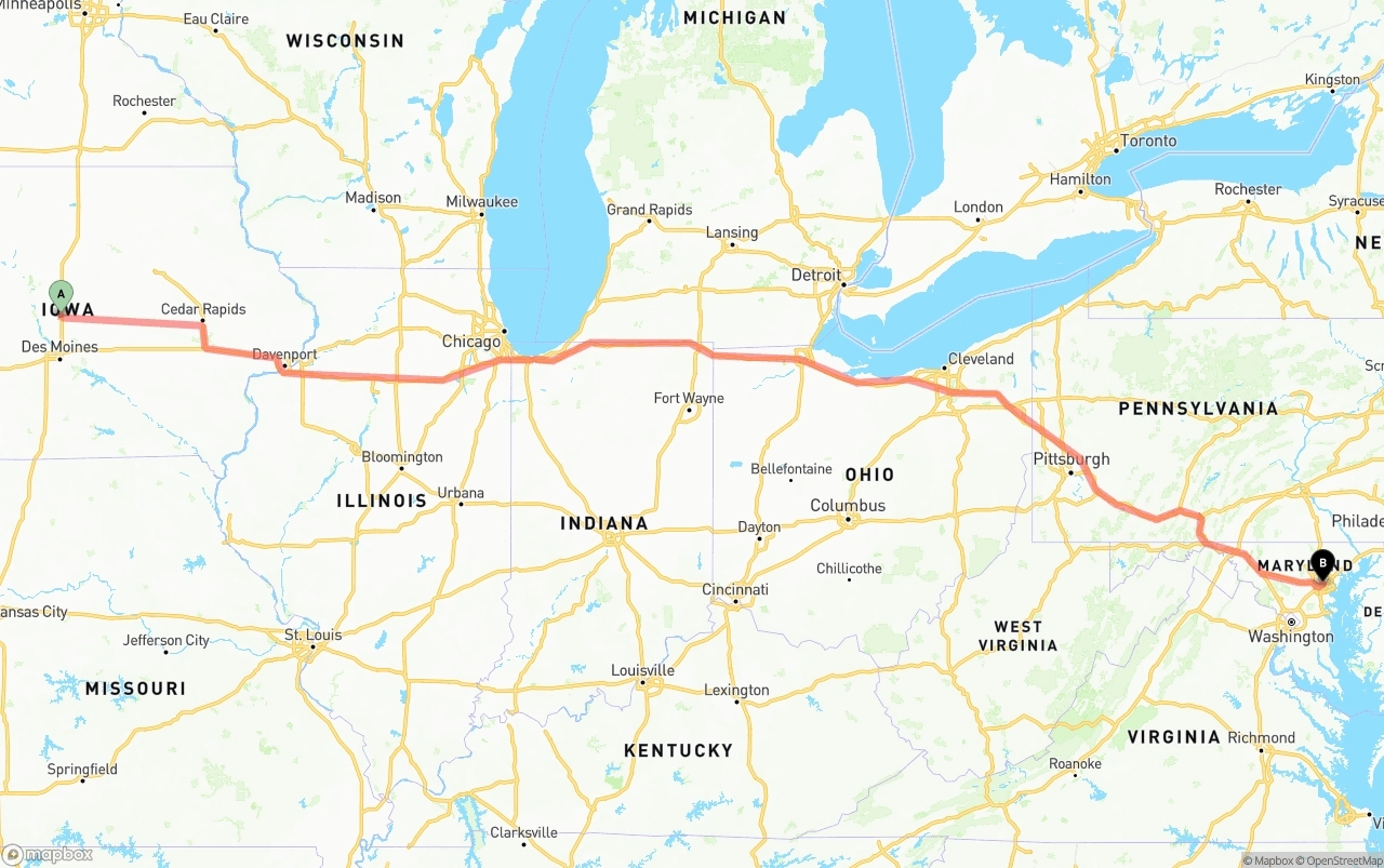 Shipping route from Iowa to Port of Baltimore