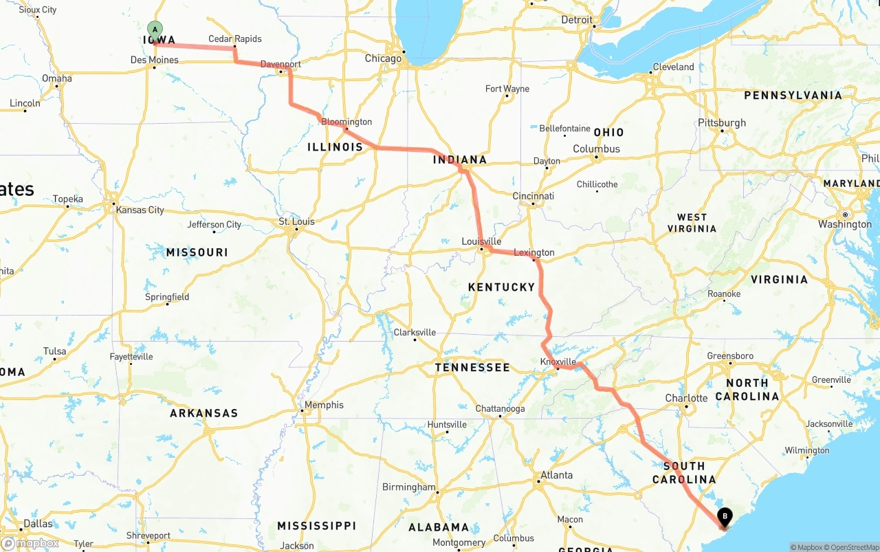 Shipping route from Iowa to Port of Charleston