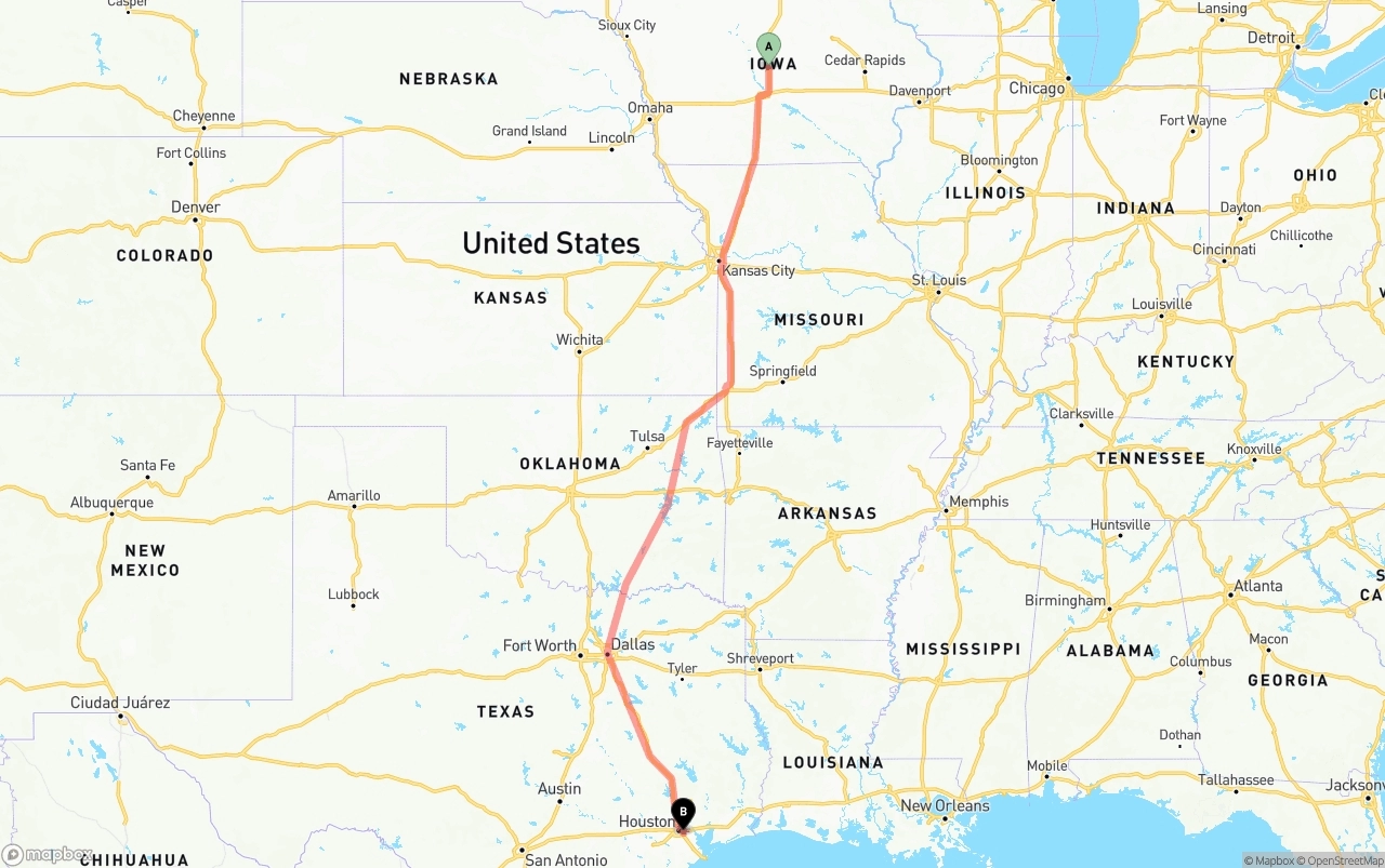 Shipping route from Iowa to Port of Houston