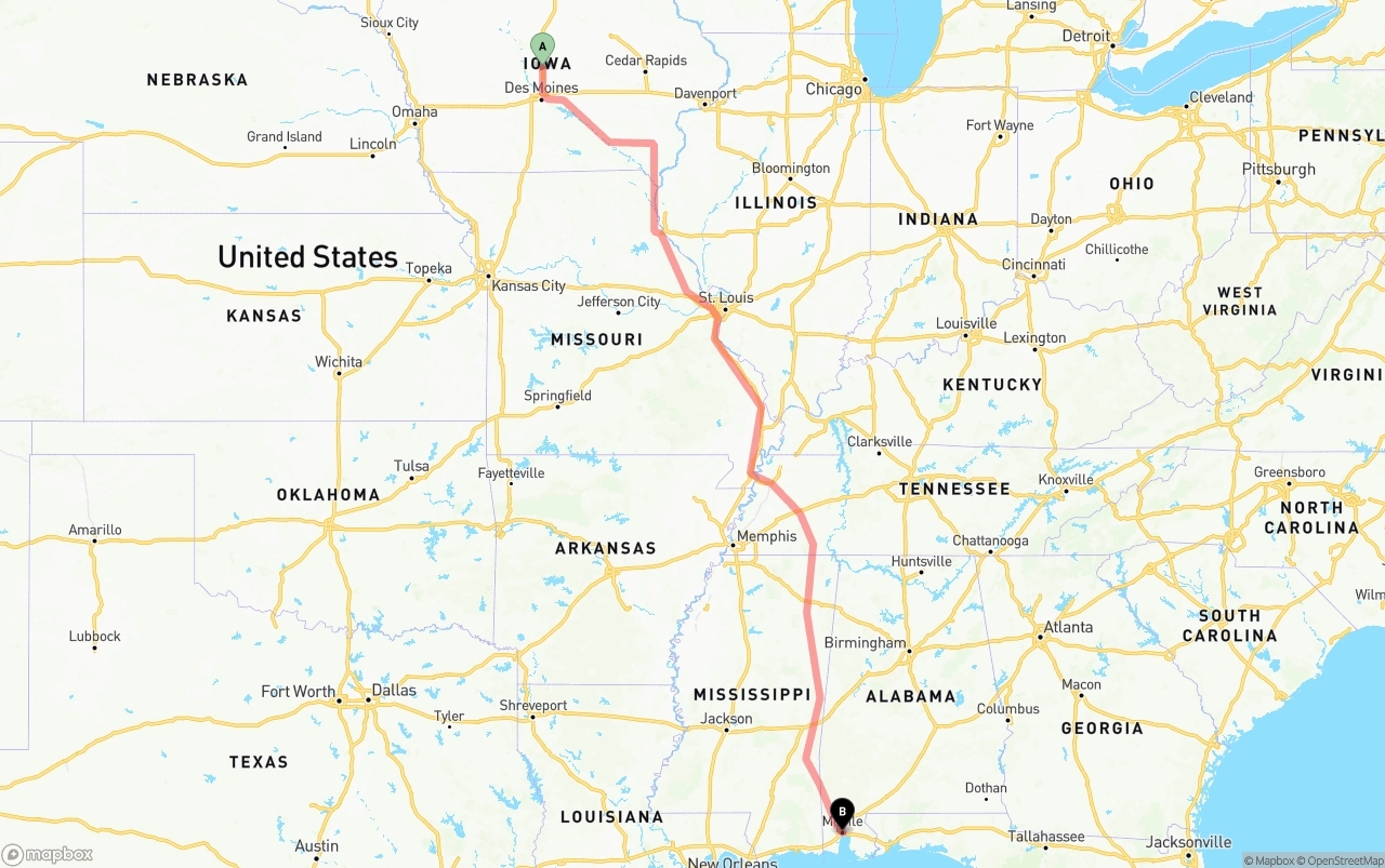 Shipping route from Iowa to Port of Mobile