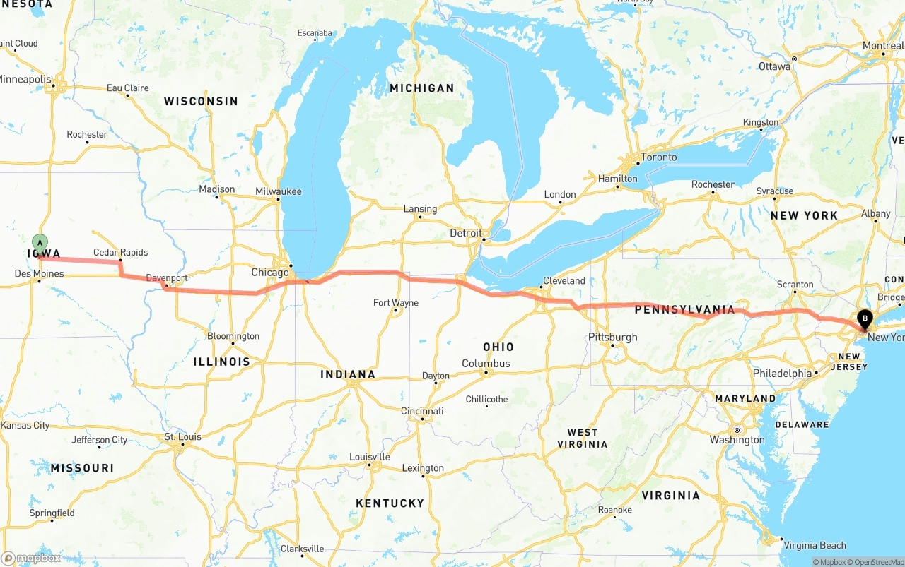 Shipping route from Iowa to Port of New York