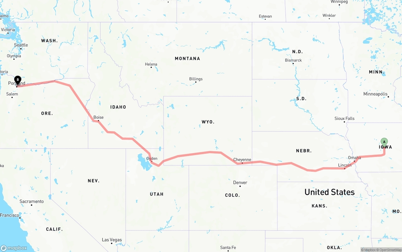 Shipping route from Iowa to Port of Portland