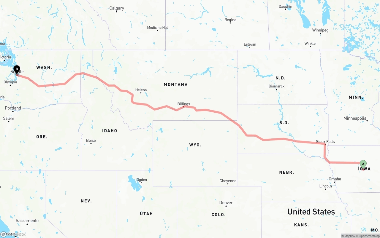 Shipping route from Iowa to Port of Seattle