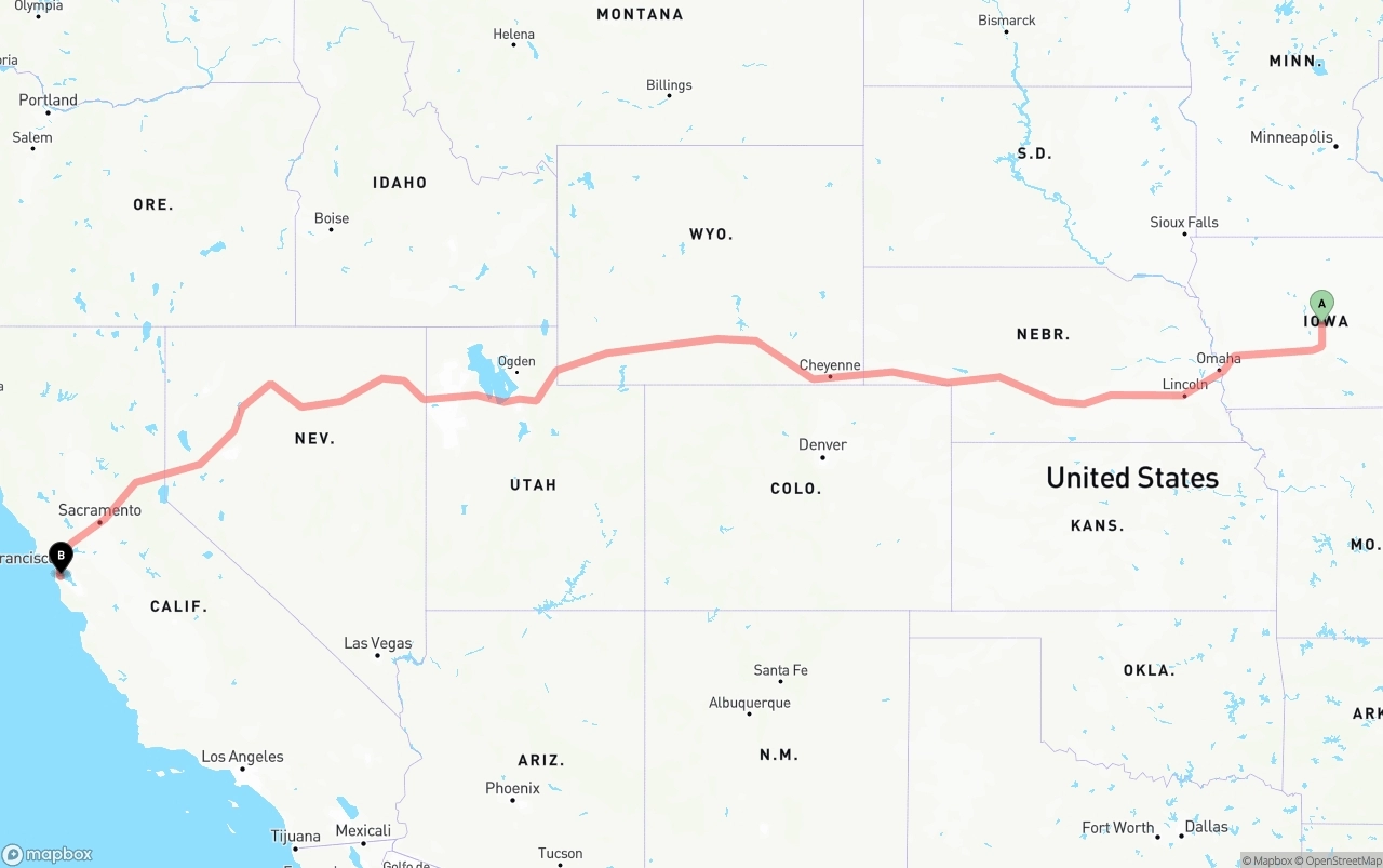 Shipping route from Iowa to San Francisco International Airport