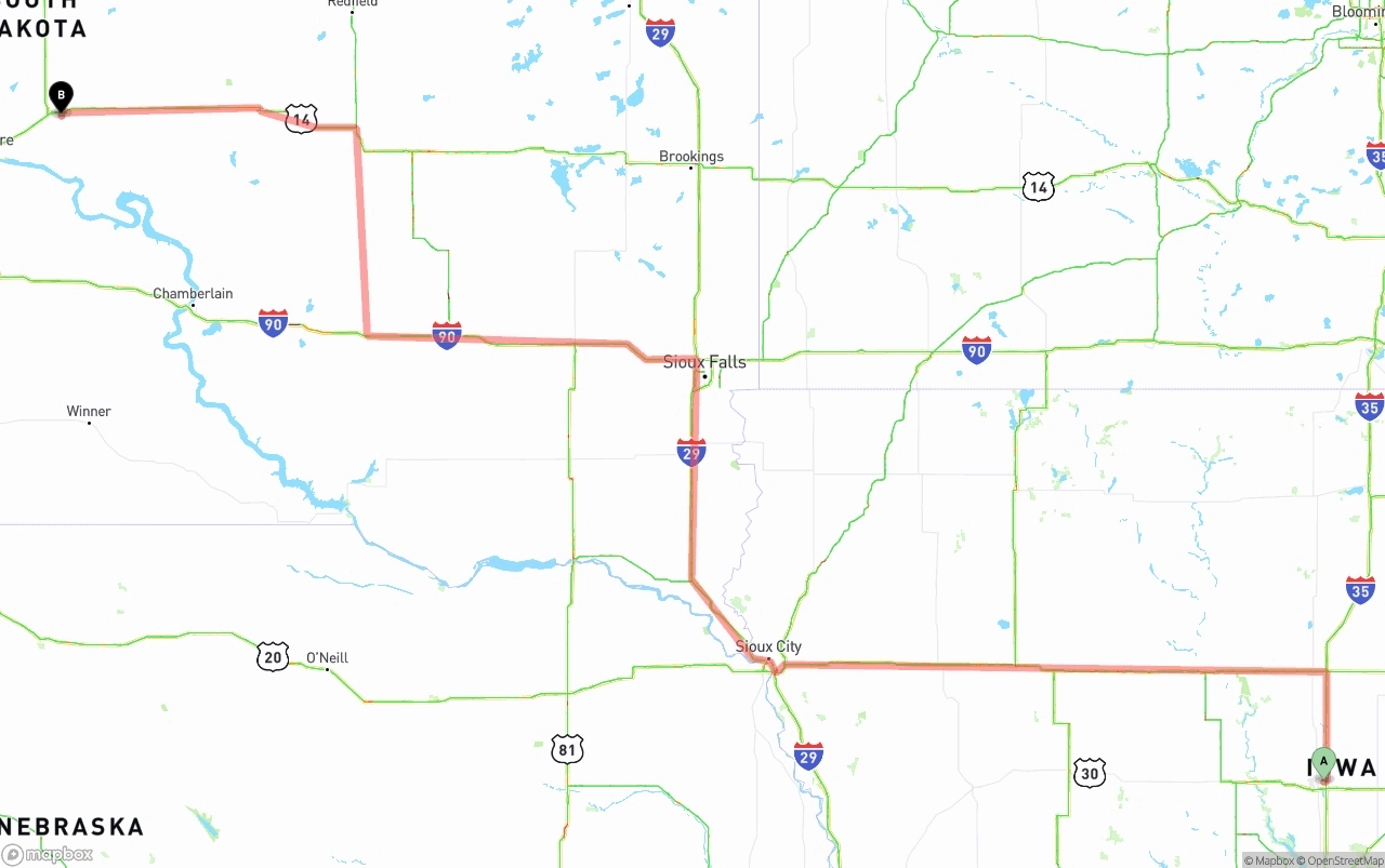 Shipping route from Iowa to South Dakota