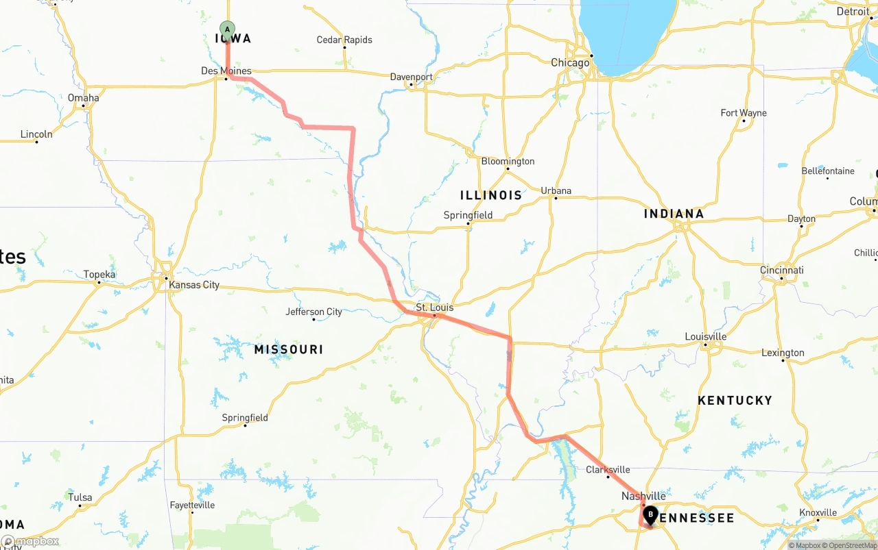 Shipping route from Iowa to Tennessee