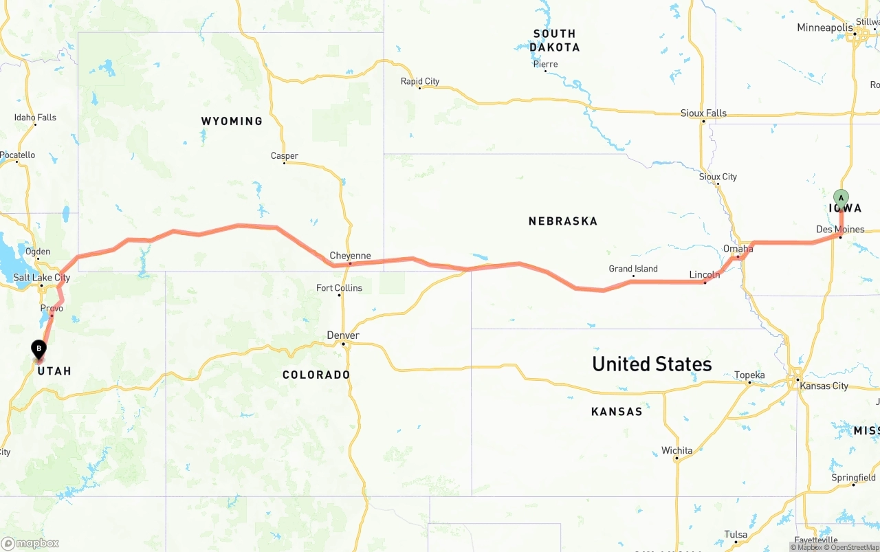 Shipping route from Iowa to Utah