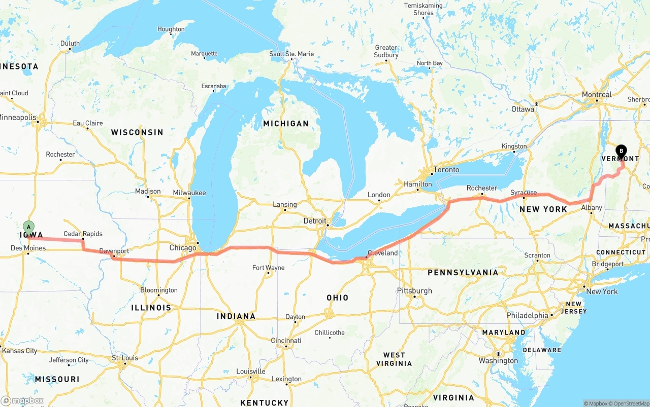 Shipping route from Iowa to Vermont