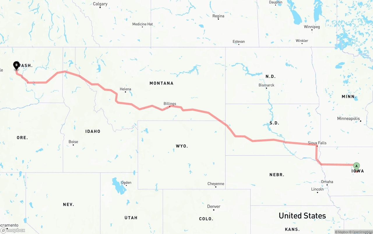 Shipping route from Iowa to Washington