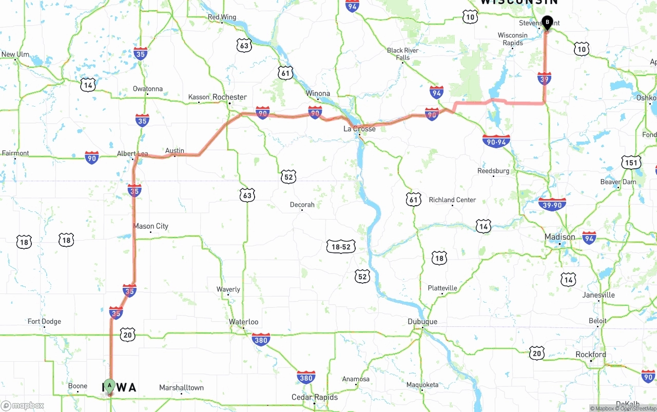 Shipping route from Iowa to Wisconsin