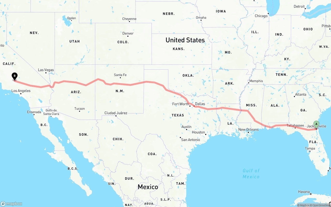 Shipping route from Jacksonville to Bakersfield