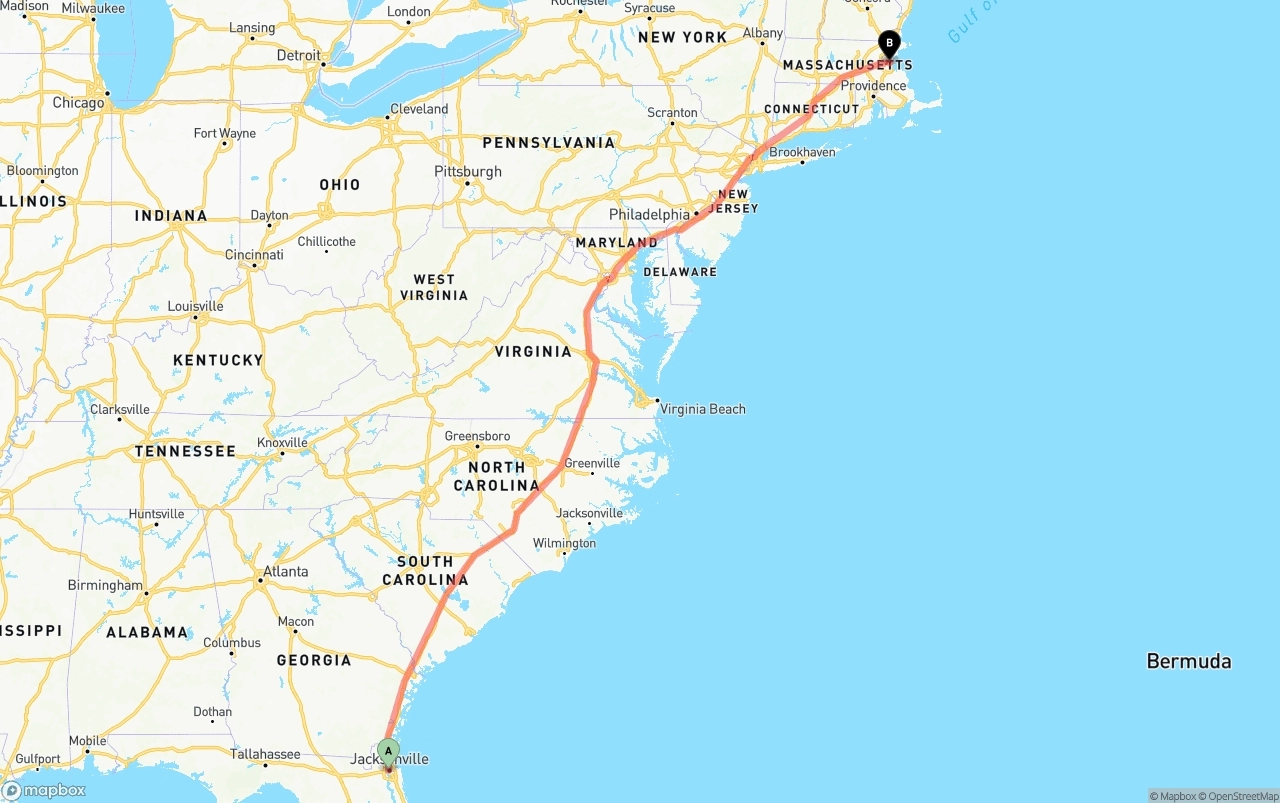 Shipping route from Jacksonville to Boston