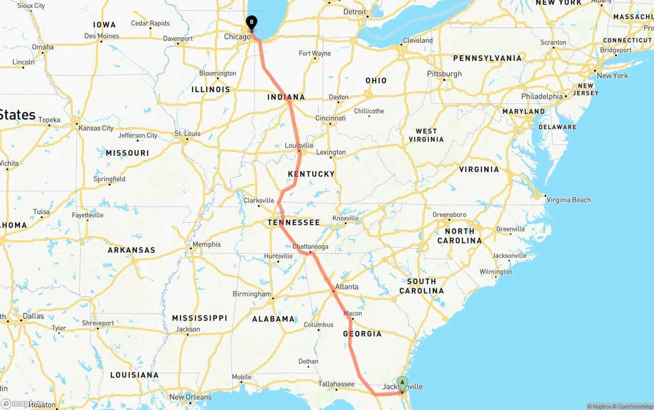 Shipping route from Jacksonville to Chicago