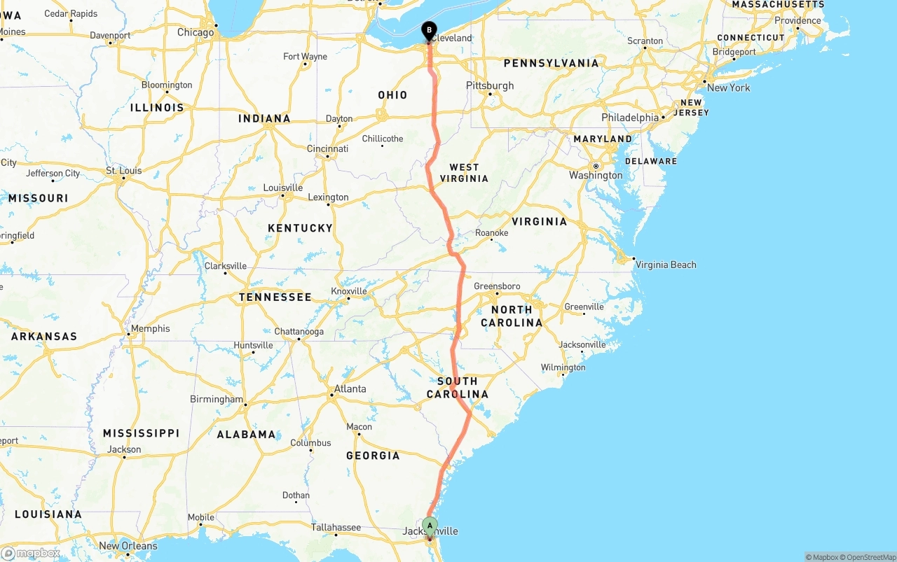 Shipping route from Jacksonville to Cleveland