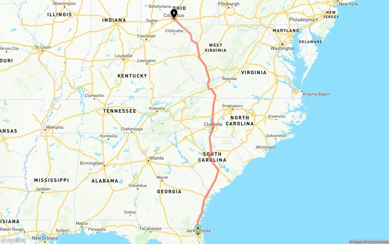 Shipping route from Jacksonville to Columbus