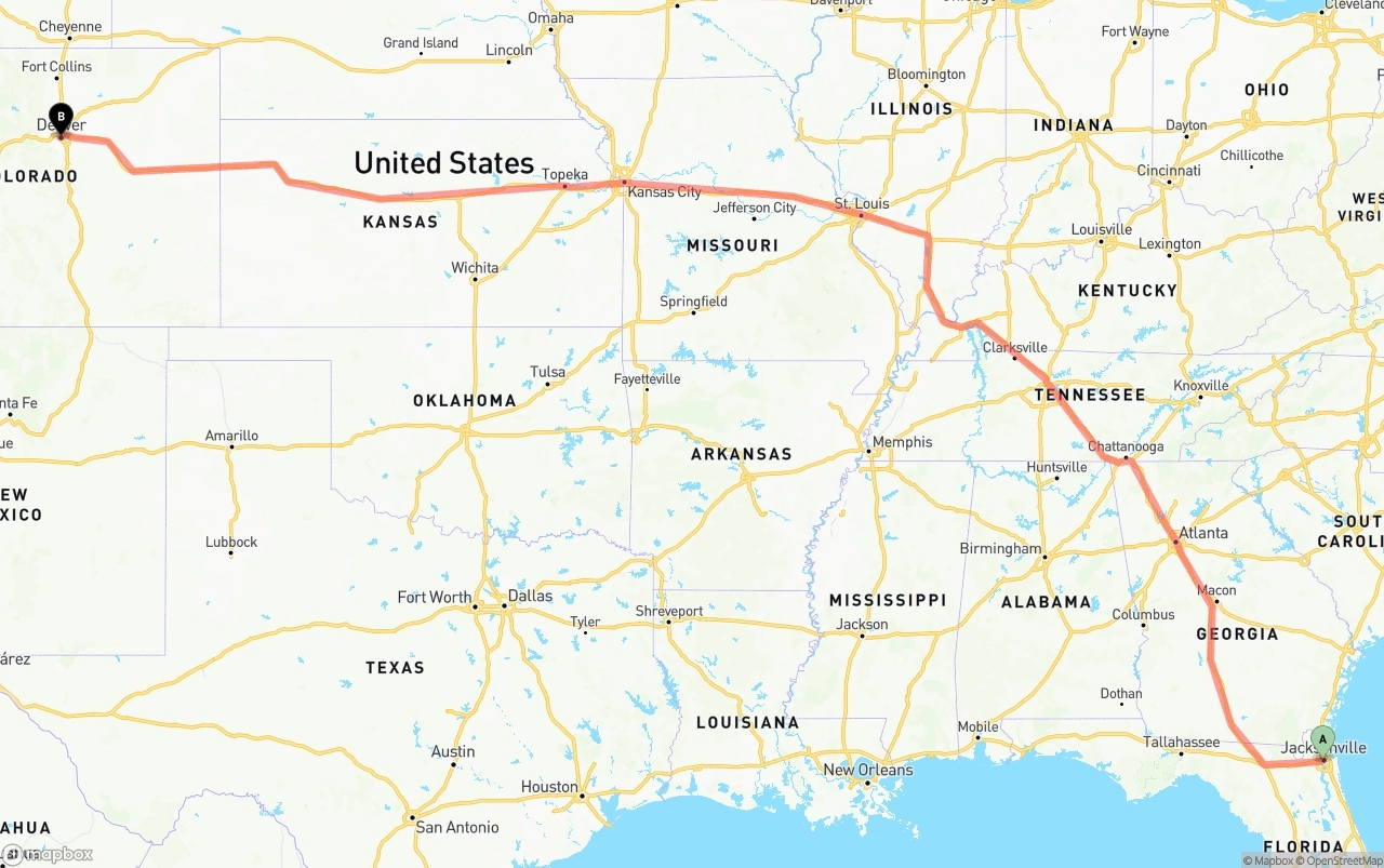 Shipping route from Jacksonville to Denver
