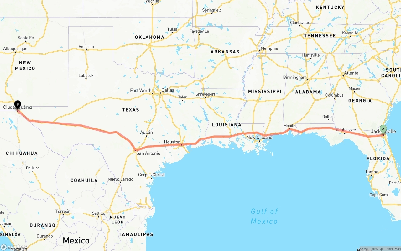 Shipping route from Jacksonville to El Paso