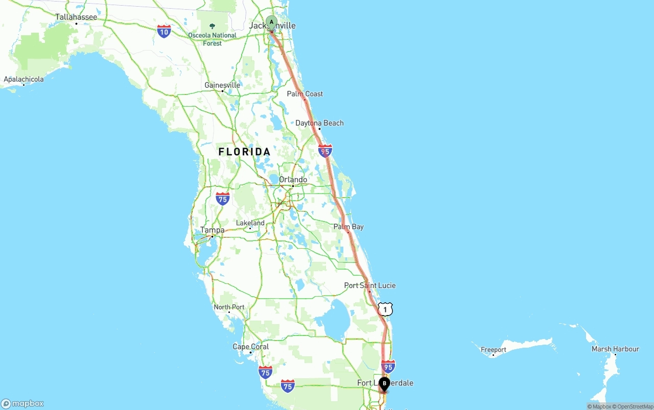 Shipping route from Jacksonville to Fort Lauderdale-Hollywood International Airport