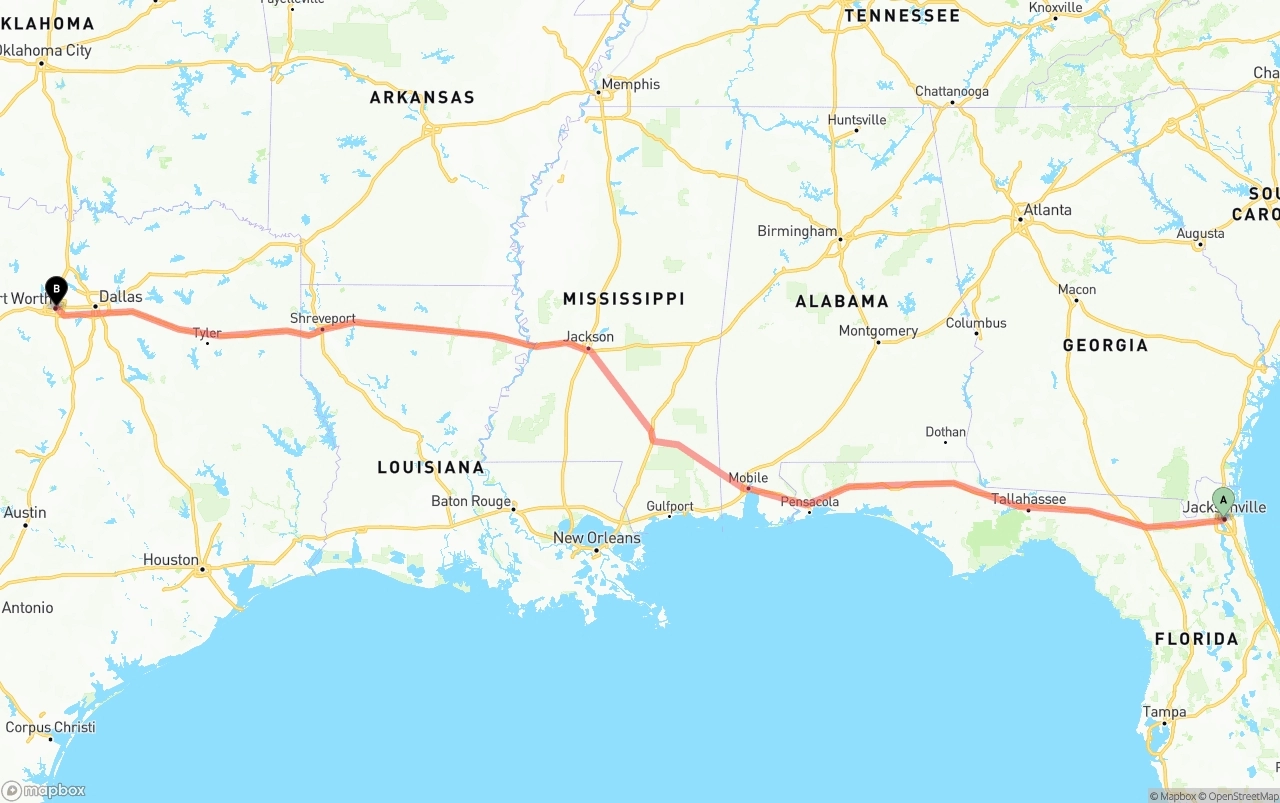 Shipping route from Jacksonville to Fort Worth
