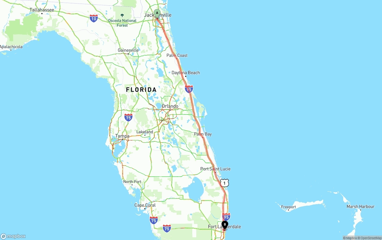 Shipping route from Jacksonville to Ft. Lauderdale