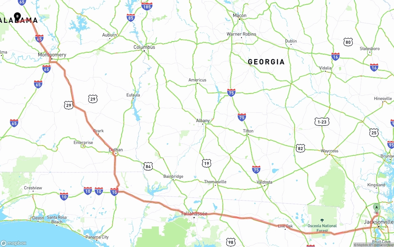 Shipping route from Jacksonville International Airport to Alabama