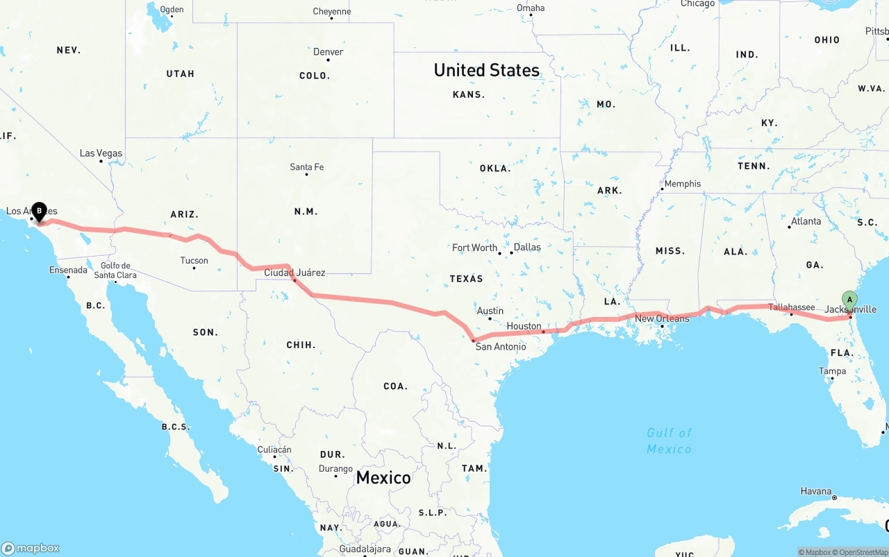 Shipping route from Jacksonville International Airport to Anaheim