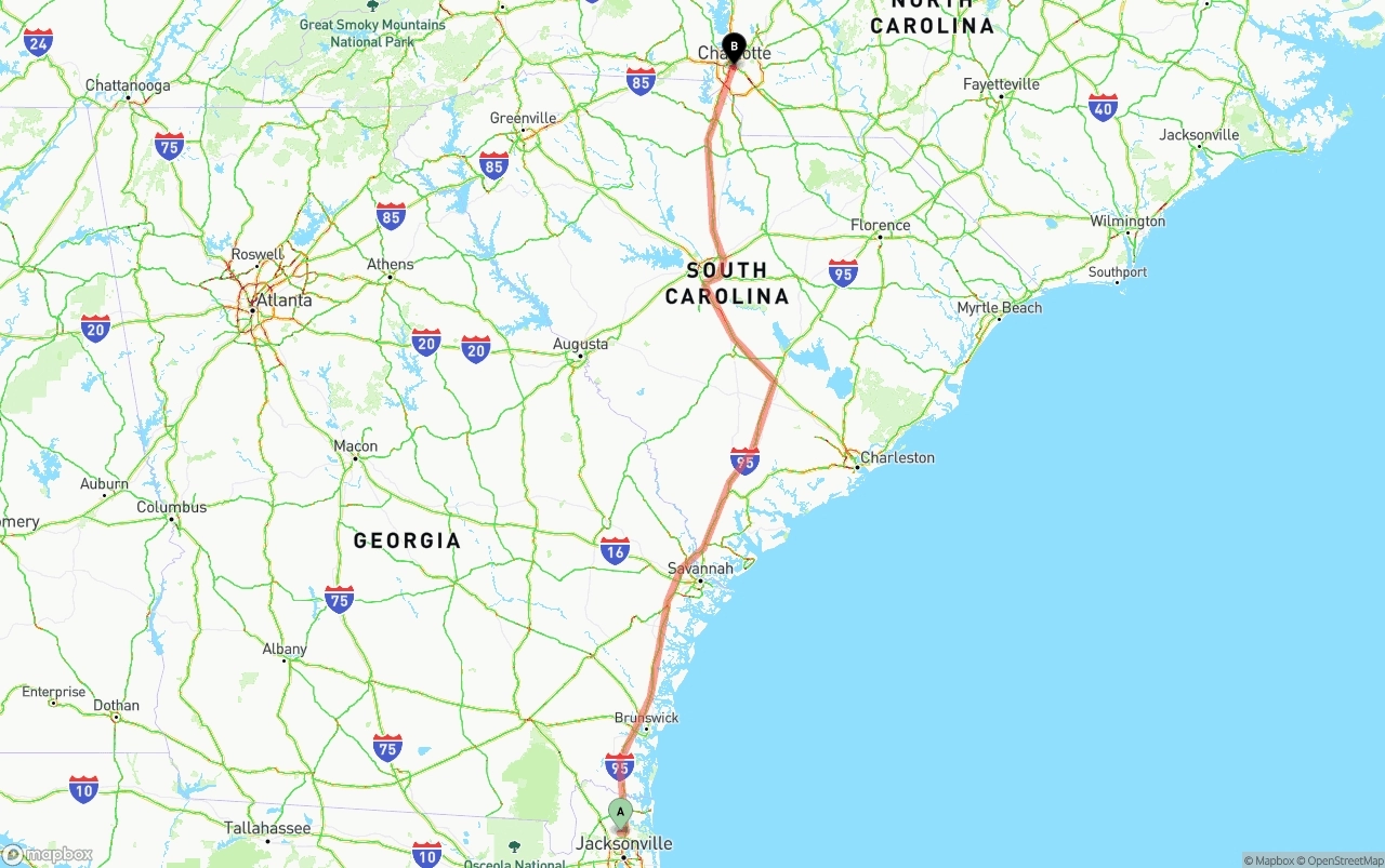 Shipping route from Jacksonville International Airport to Charlotte