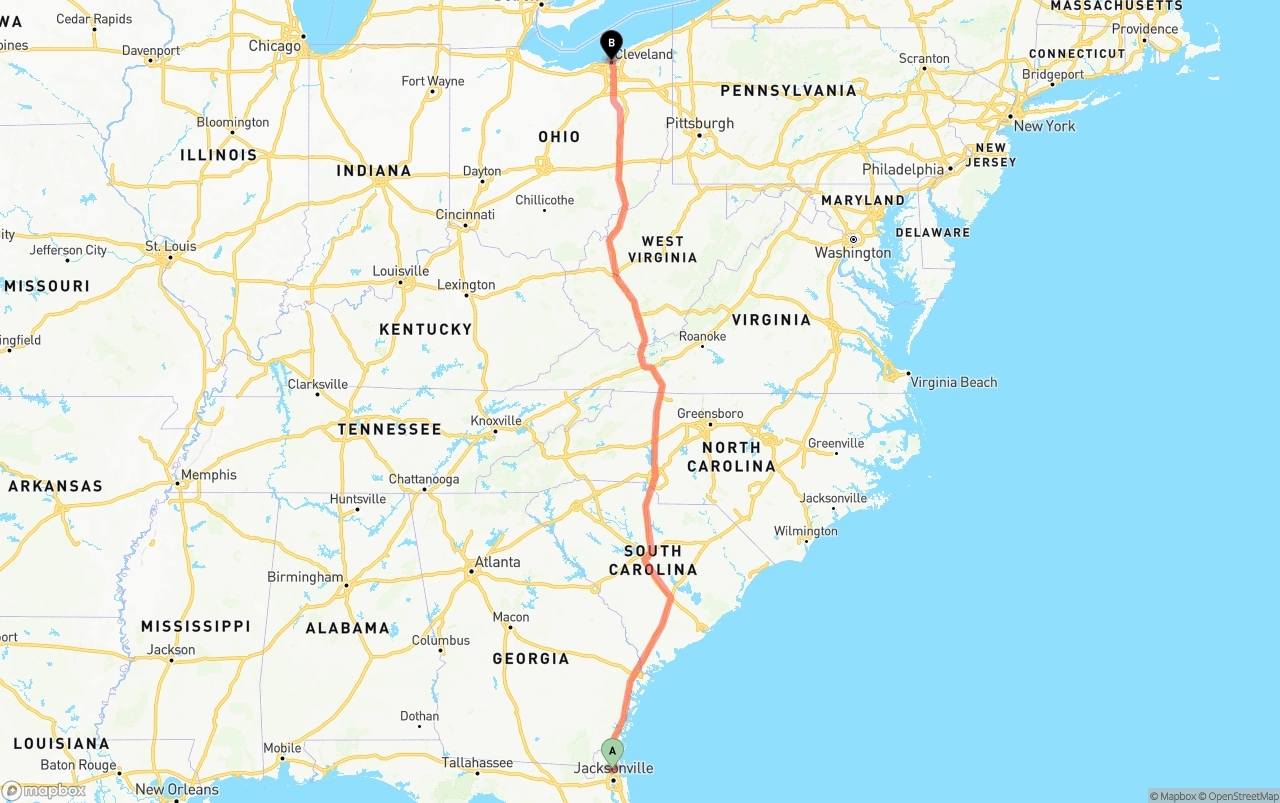 Shipping route from Jacksonville International Airport to Cleveland
