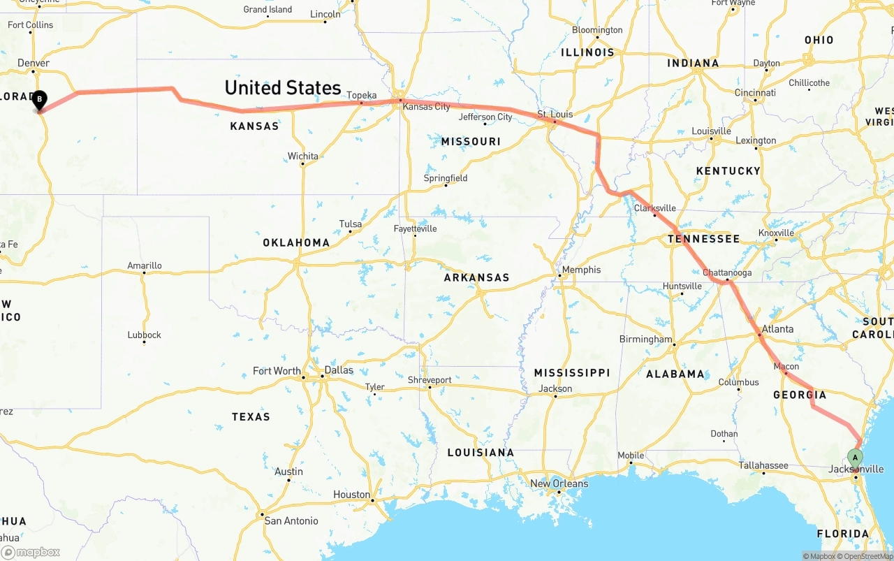 Shipping route from Jacksonville International Airport to Colorado Springs