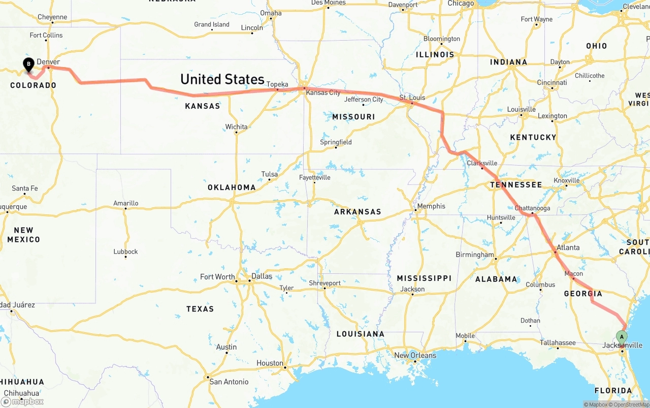 Shipping route from Jacksonville International Airport to Colorado