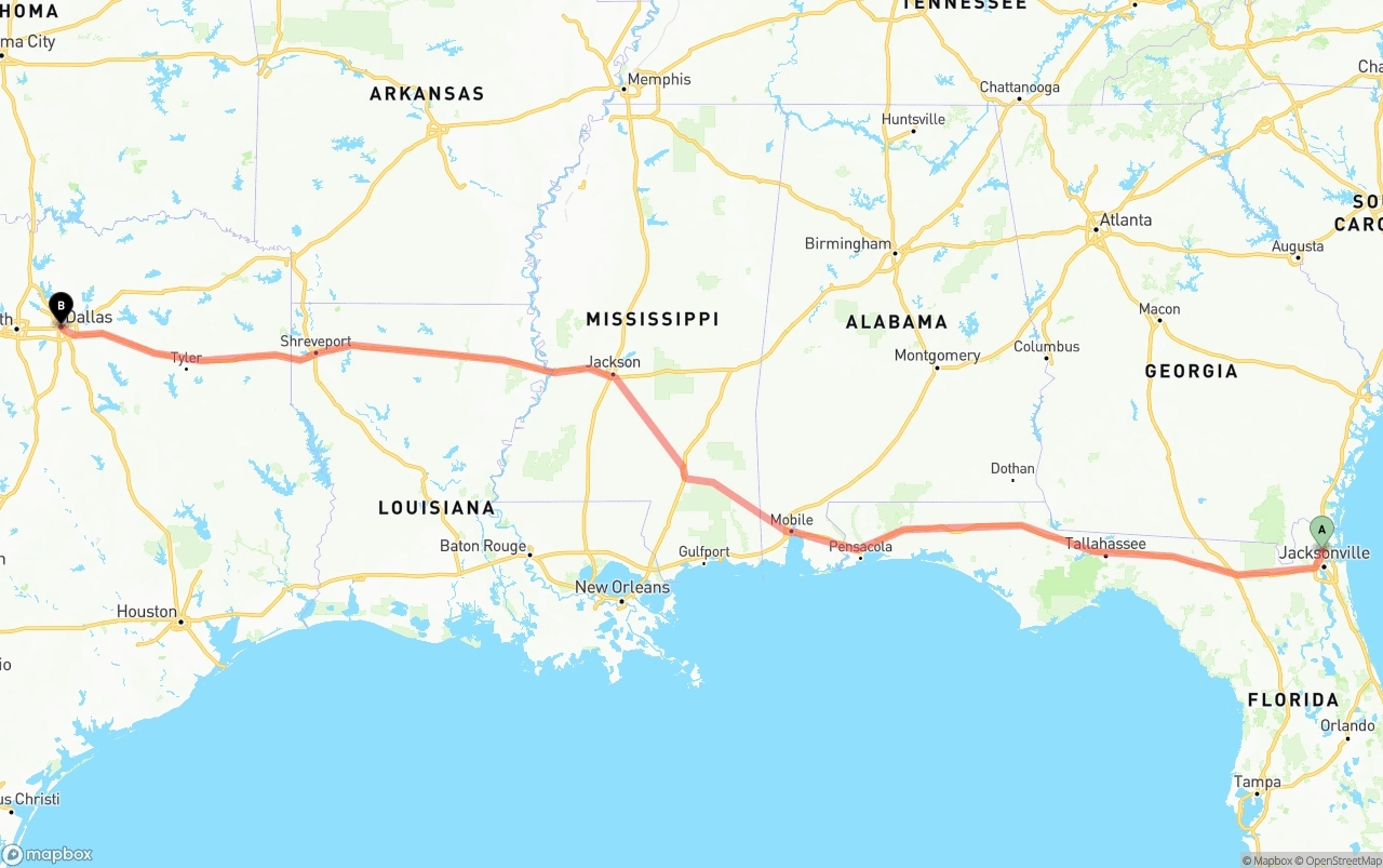 Shipping route from Jacksonville International Airport to Dallas