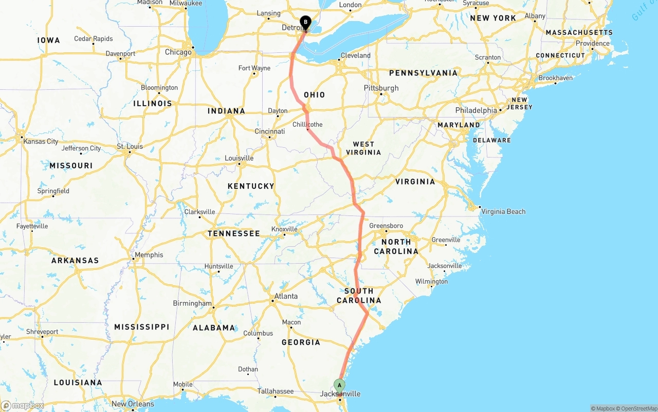 Shipping route from Jacksonville International Airport to Detroit