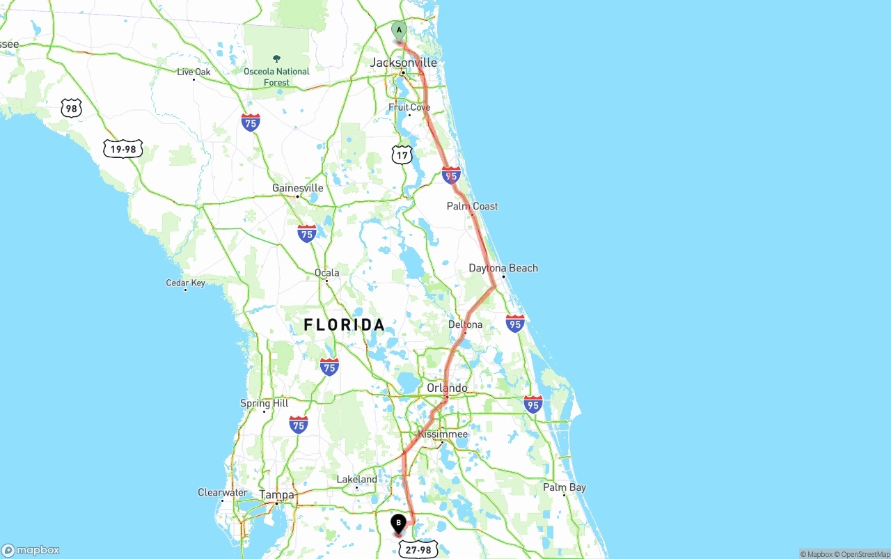 Shipping route from Jacksonville International Airport to Florida