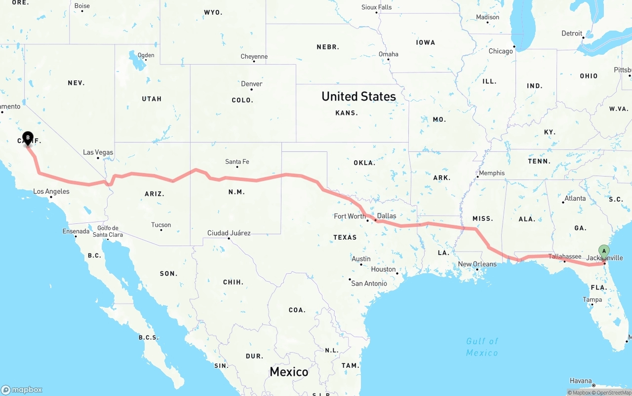 Shipping route from Jacksonville International Airport to Fresno