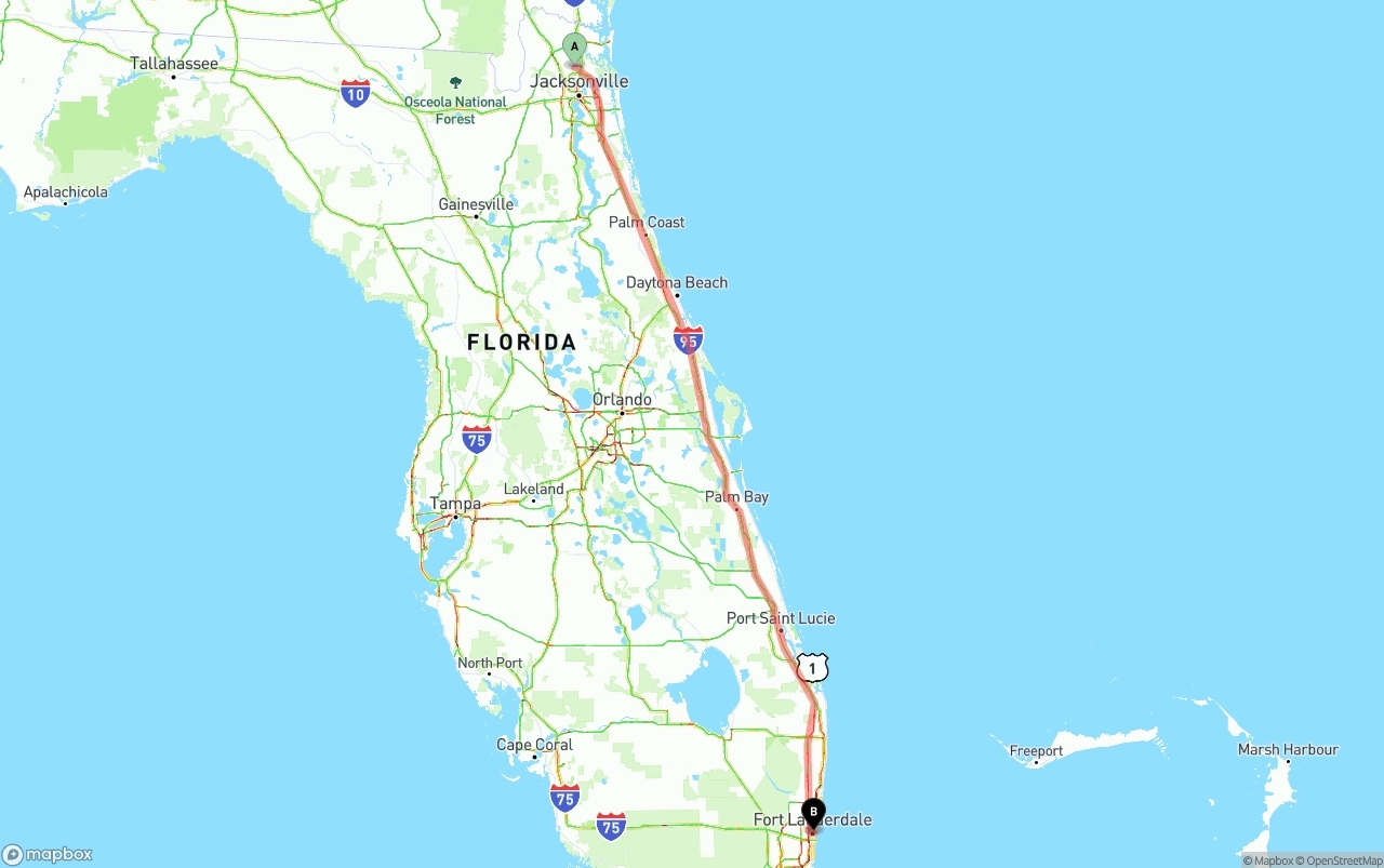 Shipping route from Jacksonville International Airport to Ft. Lauderdale