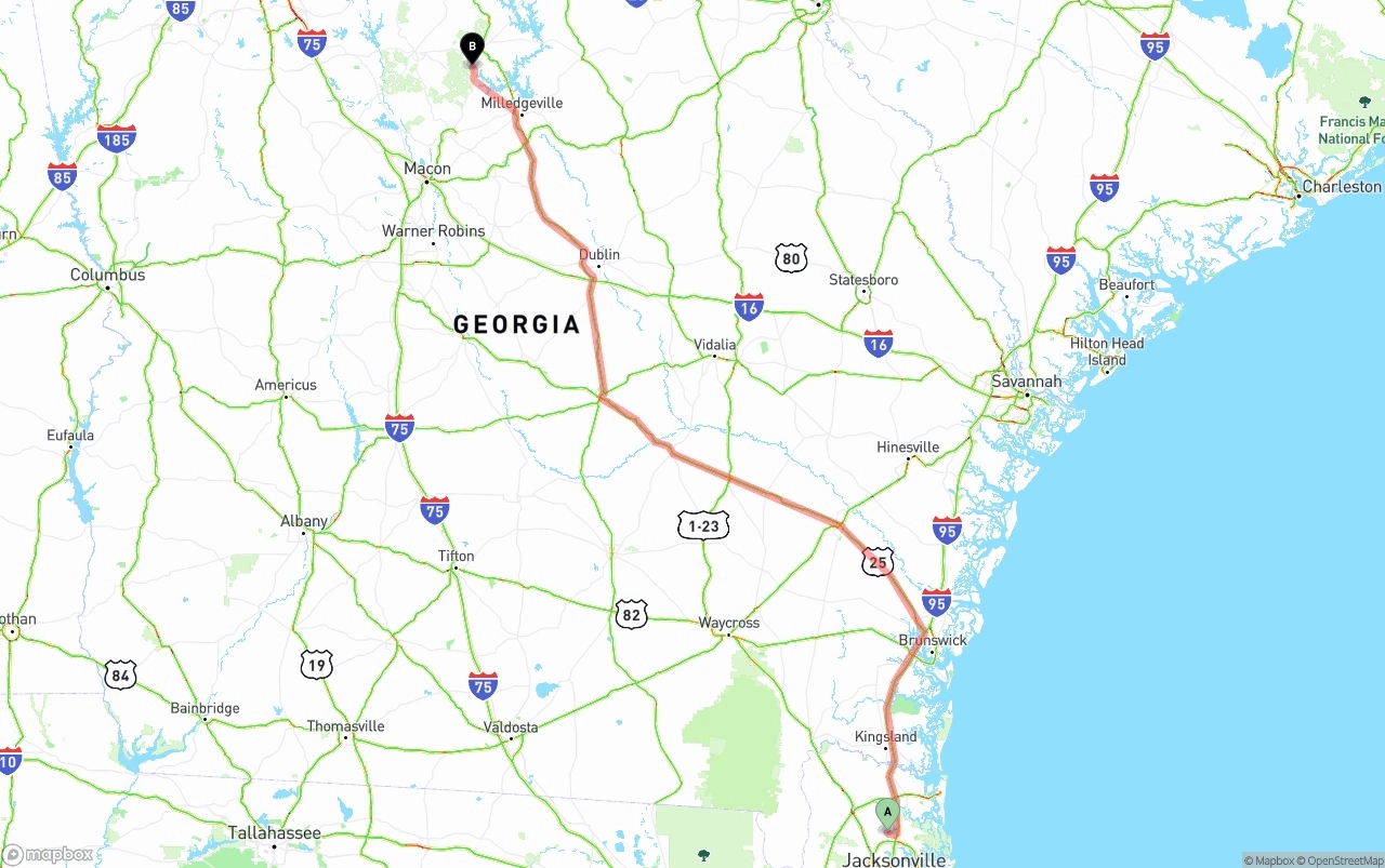 Shipping route from Jacksonville International Airport to Georgia